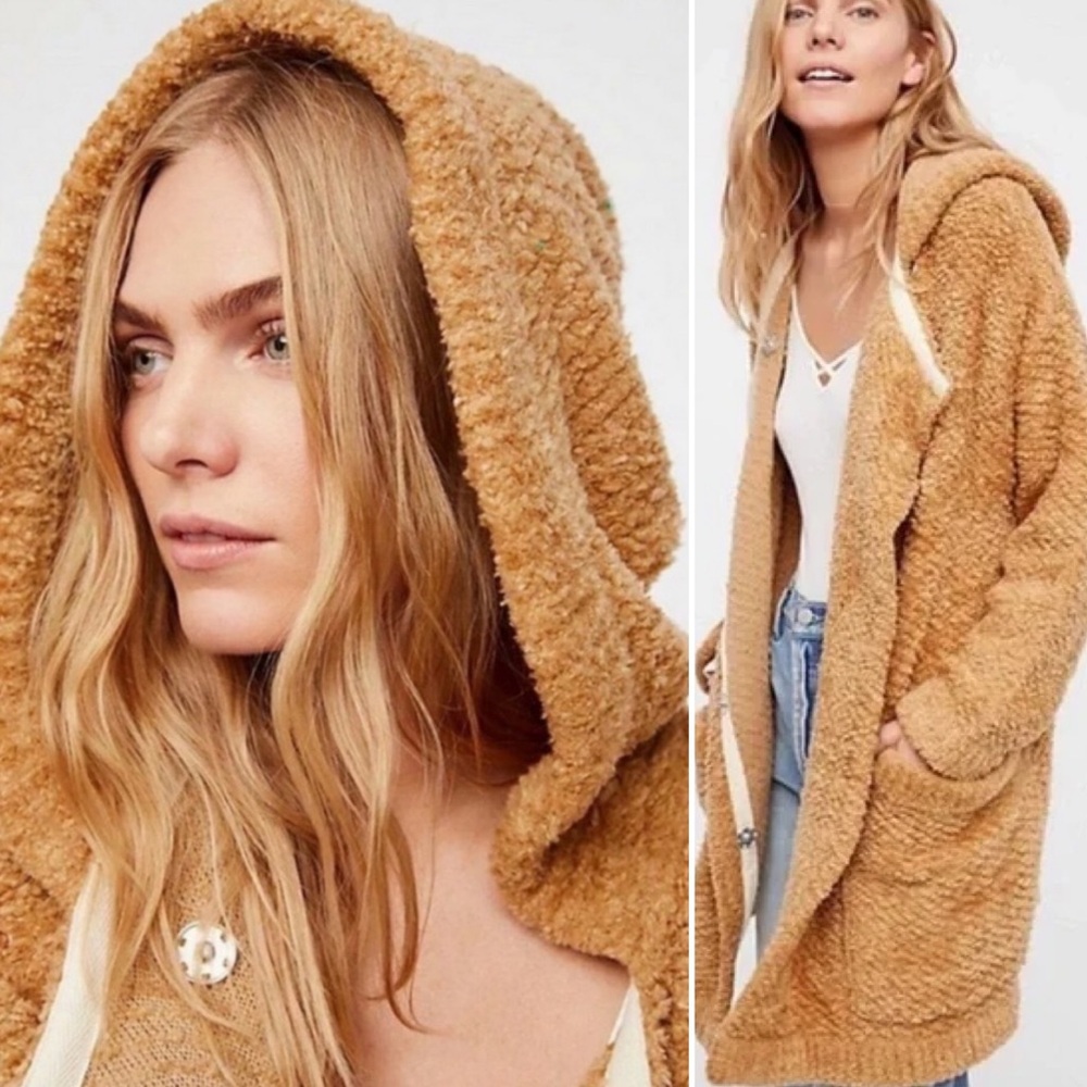 free people | warm wishes furry teddy jacket hooded snap sweater sand xs